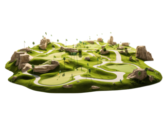 a miniature golf course with a river and trees