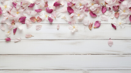 rustic white wooden table texture top view with flowers and scattered petals with copy space