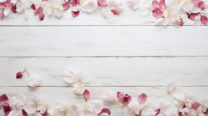 Sakura and scattered petals on rustic white wooden table texture top view with copy space