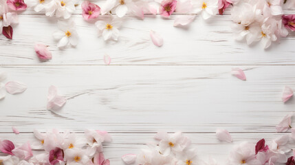 Japanese spring flowers and scattered petals on rustic white wooden table texture top view with copy space