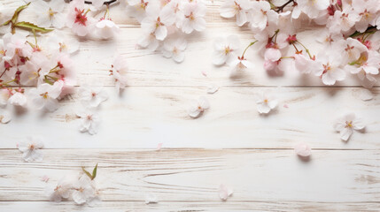 rustic white wooden table top with spring Japanese flowers, copy space - Powered by Adobe
