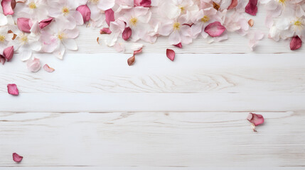 rustic white wooden table texture top view with flowers and scattered petals with copy space