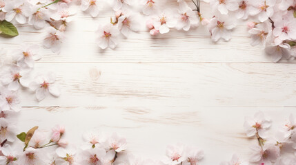 spring flowers on rustic white wooden table texture, top view with copy space