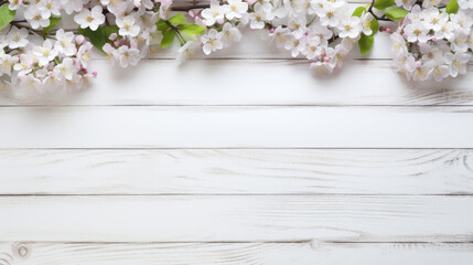 rustic white wooden table texture top view with spring flowers, copy space