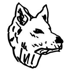Head of a dog. Hand drawn linear doodle rough sketch. Black and white silhouette.