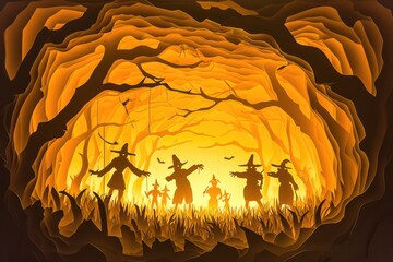 A haunted cornfield with scarecrows and eerie lighting, creating a spooky atmosphere