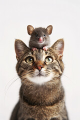 A mouse sitting on the head of a cat, enemies being friends, unusual animal friendship