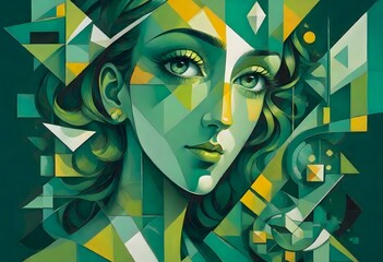 Green Abstract Face in Geometric Harmony, Generative AI