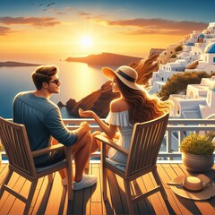 illustration of a couple sitting on chairs and enjoying the sunset view in Santorini, Greece - obrazy, fototapety, plakaty