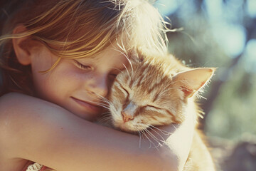 A girl hugging an orange cat, pet love