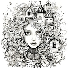 girl in the city black and white illustration