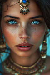 Fashion portrait of a woman with piercing blue eyes