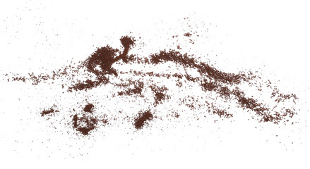 Ground coffee scattered isolated on white, top view - obrazy, fototapety, plakaty