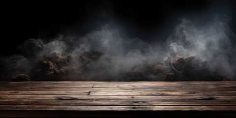 Dark background with smoking old wooden table top.