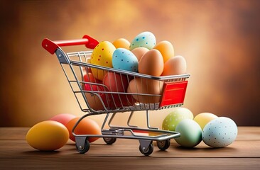Easter concept. Grocery cart with colorful Easter eggs on an orange background. Close-up. Layout.