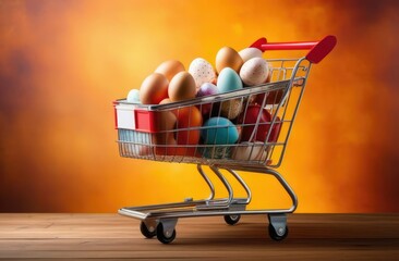 Easter concept. Grocery cart with colorful Easter eggs on an orange background. Close-up. Layout.