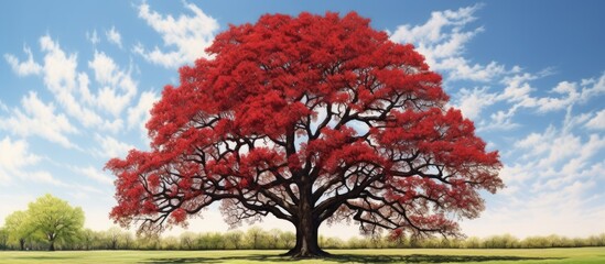 In the early spring, as the sunny weather begins to warm the earth, the majestic red oak tree stands tall, without foliage, yet still exuding its innate beauty. - obrazy, fototapety, plakaty
