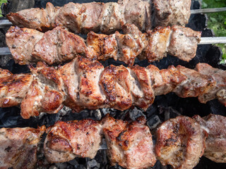 Cooked meat on metal skewers - juicy red meat grilling and cooking on coals on a grill. Herbed and seasoned cubes of meat with brown crust