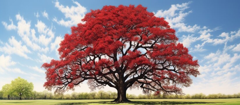 In the early spring, as the sunny weather begins to warm the earth, the majestic red oak tree stands tall, without foliage, yet still exuding its innate beauty.