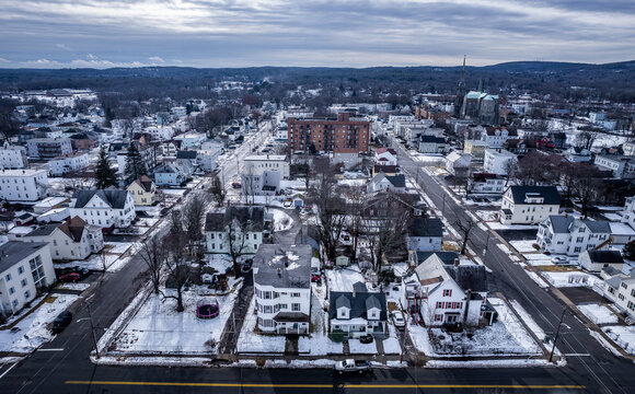 Aerial view of Leominster, Massachusetts in winter 