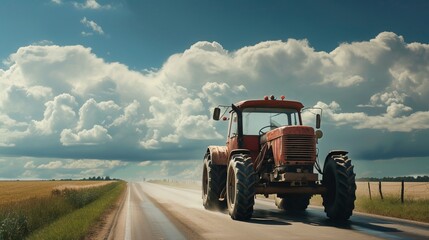 Agricultural tractor at the highway road of Poland.