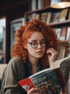 Woman With Red Hair and Glasses Reading a Book. Generative AI.