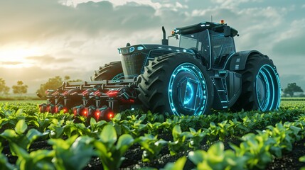 Autonomous tractor with artificial intelligence. Digitalization and digital transformation in agriculture 4.0. Smart farming - obrazy, fototapety, plakaty