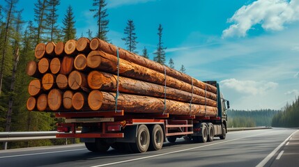 back view of long heavy industrial wood carrier cargo vessel truck trailer with big timber pine, spruce, cedar driving on highway road with blue sky background. Timber export and shipping concept - obrazy, fototapety, plakaty