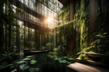 Sunbeams breaking through the dense canopy, casting dynamic patterns on the facade of a penthouse nestled in a lush green jungle, with a pond completing the scenic tableau.