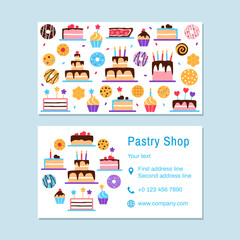 Pastry shop visiting card template. Confectionery business card design. Bright colorful flat yummy snack dessert donut cake muffin croissant for baked food sweet shop cafe vector illustration.