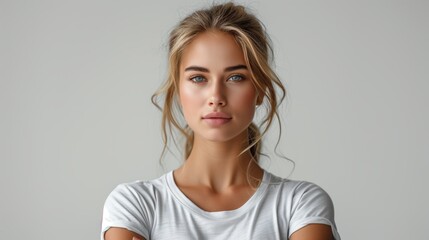 Pretty blonde female standing and looking at the camera, wearing long white cotton T-shirt, white shirt mockup, white background - Powered by Adobe