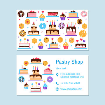 Pastry shop visiting card template. Confectionery business card design. Bright colorful flat yummy snack dessert donut cake muffin croissant for baked food sweet shop cafe vector illustration.