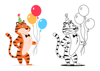 Coloring book. Funny cartoon tiger in party hat with balloons on white background. Cute animal character for kids preschool activity. Worksheet design. Coloring page vector illustration.