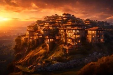 Sunset casting a golden hue over an apartment on top of a majestically beautiful hill, with the serene ambiance enhanced by the city lights twinkling below.