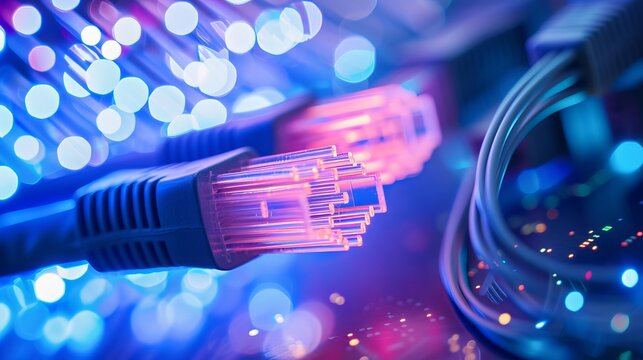 network cables closeup with fiber optical background 