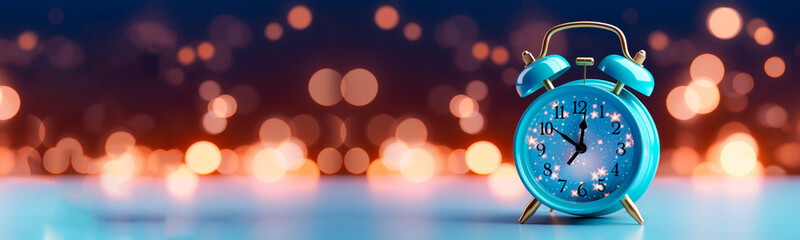 A banner with a round alarm clock on the background of a beautiful Bokeh. Good morning advertisement, alarm clock advertisement, clock advertisement.