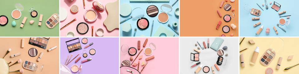 Collage with different decorative cosmetics and accessories, flat lay