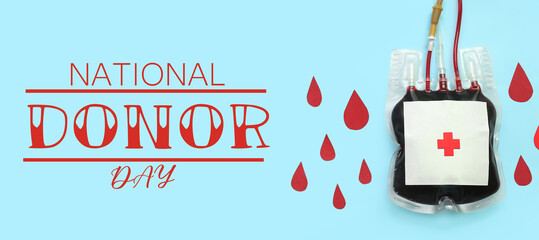 Awareness banner for National Donor Day with blood pack and paper drops