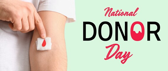 Awareness banner for National Donor Day with man applying gauze on her arm