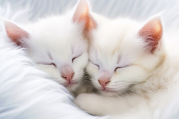Two white kittens sleeping together on the white