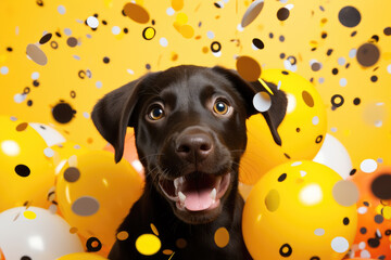 Happy black dog with bright balloons and confetti on yellow background