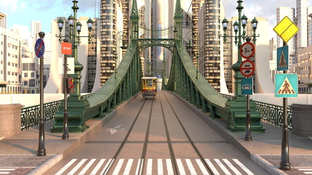 路面電車が通る橋　3DCG レンダリング