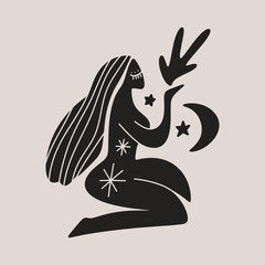 Sacred woman in Matisse style, meditating magic Reiki silhouette drawing, Bali moon wild young girl moon child.