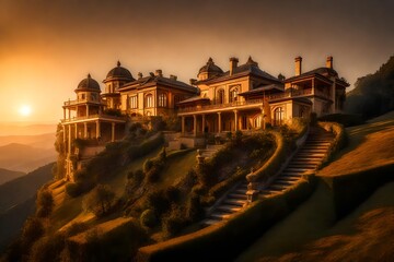 The first rays of sunrise casting a golden embrace upon a villa on top of a majestically beautiful hill, illuminating its intricate architectural details.