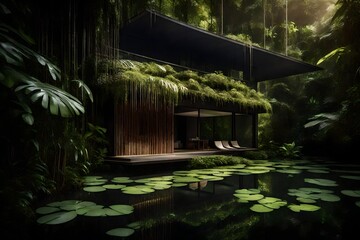 The interplay of light and shadow on a bungalow's facade in a lush green jungle, with a pond nearby reflecting the dense canopy overhead.
