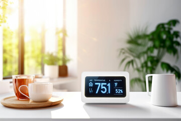 Contemporary smart digital hygrometer and thermometer in a living space, displaying air quality with temperature and humidity readings. Concept of smart home technology for everyday comfort living - obrazy, fototapety, plakaty