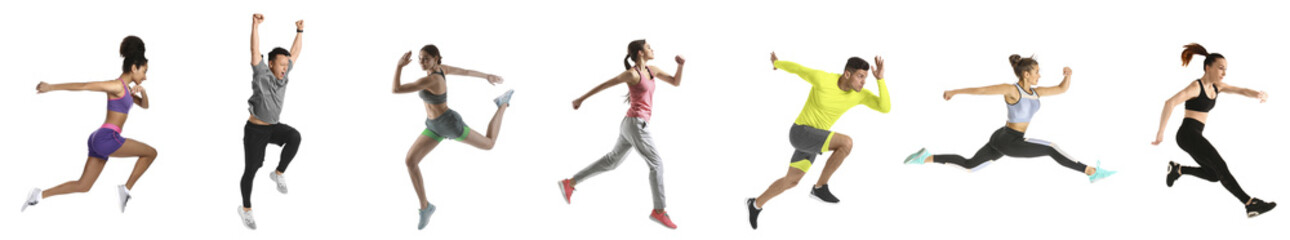 Set of sporty running and jumping people on white background - Powered by Adobe