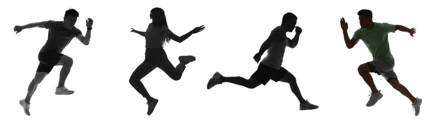 Silhouettes of sporty running and jumping people on white background