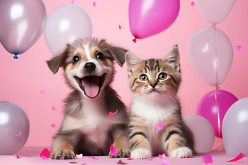 Happy dog and tabby cat with bright balloons and confetti on pink background