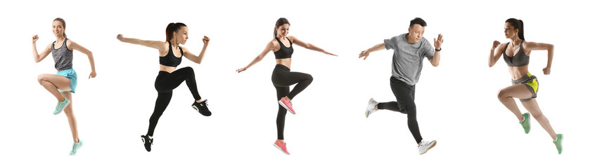 Set of sporty running and jumping people on white background